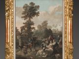un tableau représentant un groupe de personnes dans un parc, avec une calèche