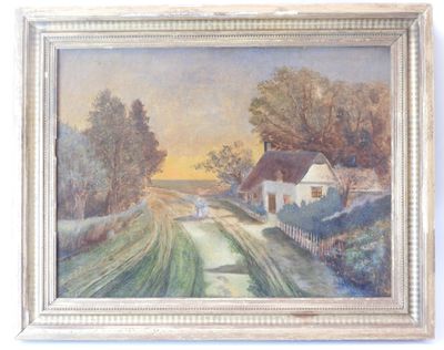an oil painting of a country road with a house in the distance