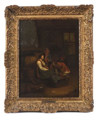 l'image d'un tableau représentant un homme et une femme assis sur un canapé