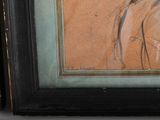painting of a woman ' s profile in a black frame with a brown background