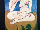 une peinture représentant une femme nue assise sur une chaise