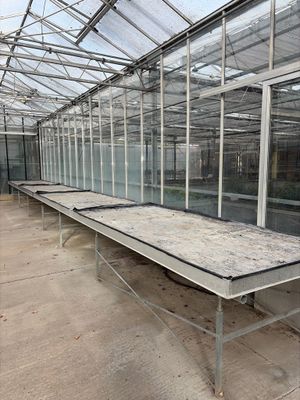 a long table in the middle of a large greenhouse