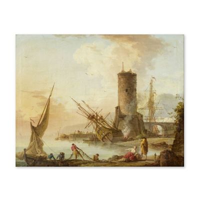 une image représentant un tableau où l'on voit des bateaux sur l'eau près d'un château