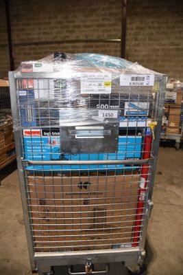 a large metal cart with a lot of boxes in it