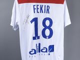 a white t - shirt with a blue and red design on it
