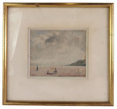 aquarelle encadrée représentant une scène de plage avec des personnes sur un bateau