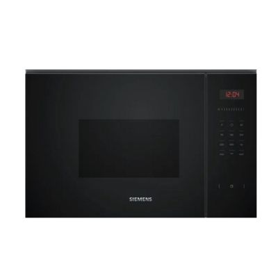the microwave is black and has a digital display on the door