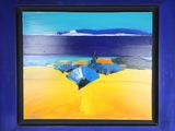 painting of a painting of a beach with a blue sky and mountains in the background