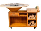 a wooden table with a fire pit on top of it