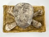 a sculpture of a skull and crossbones on a square plate