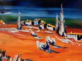 a painting of a beach scene with boats on the water