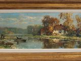 une image d'un tableau représentant une maison au bord d'une rivière