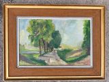 une peinture à l'huile représentant un pont sur une rivière avec un arbre au premier plan