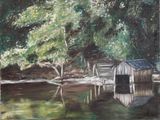 a painting of a boathouse on the water