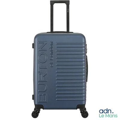 the suitcase is blue and has a logo on the side