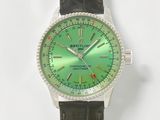 une montre avec un cadran vert et un bracelet en cuir noir