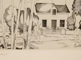 a black and white drawing of a man and a woman in front of a house