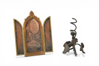 a picture of a candle holder next to a picture of a man on a horse
