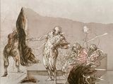 drawing of a man on a horse being pulled by a man on a horse
