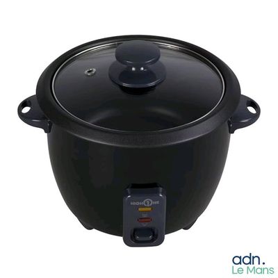 an image of a black rice cooker with a lid on a white background