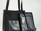sac fourre-tout en cuir noir avec bandoulière et pochette assortie