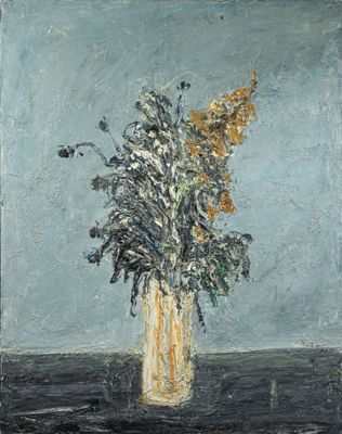 une peinture de fleurs dans un vase sur une table