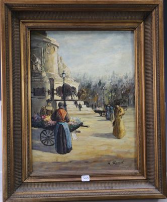 une peinture à l'huile d'une scène de rue avec une voiture à cheval