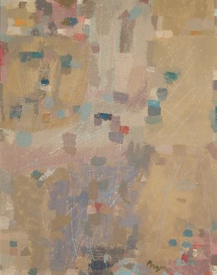 une peinture abstraite représentant une œuvre aux couleurs marron, beige, bleu et rouge