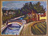 a painting of a boat on the water by a fence