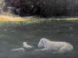 a painting of a sheep and a lamb laying in the grass