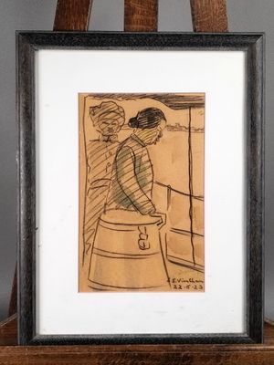 dessin représentant une femme debout devant un tonneau posé sur un chevalet en bois