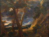 un tableau représentant un homme et une femme dans un paysage boisé