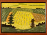 an oil painting of a field with trees and hills in the background