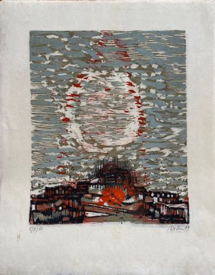 l'image d'une photo d'un tableau représentant un feu dans le ciel