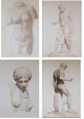quatre images différentes d'une statue représentant un homme et une femme