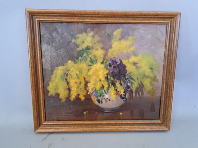 painting of yellow and purple flowers in a vase on a table