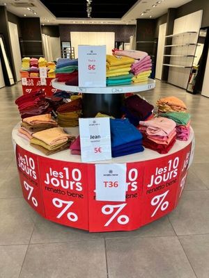 un grand présentoir de vêtements dans un magasin, avec des étiquettes de prix
