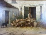 a painting of a man standing in front of a herd of sheep