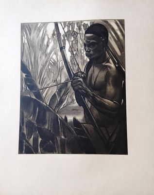 tableau représentant un homme tenant un arc et une flèche dans la jungle