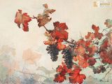 un tableau représentant une grappe de raisin suspendue à un arbre