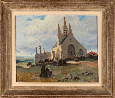 an image of a painting of a church in a field