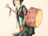 a drawing of a woman with a drum and a hat