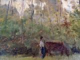 a painting of a man and a cow in a field