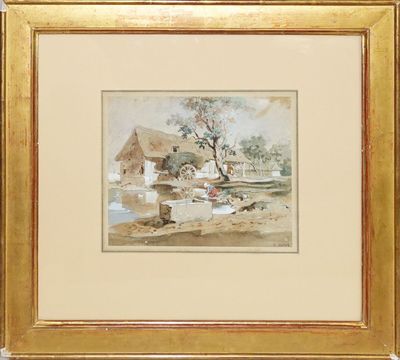 tableau encadré représentant une scène de vie à la ferme avec un homme et un chien