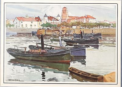 a painting of a harbor scene with boats in the water