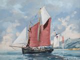a painting of a sailboat sailing on the water