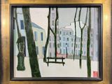 un tableau représentant un banc dans la neige, près d'un immeuble