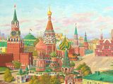 painting of a painting of a view of a city with buildings and a clock tower