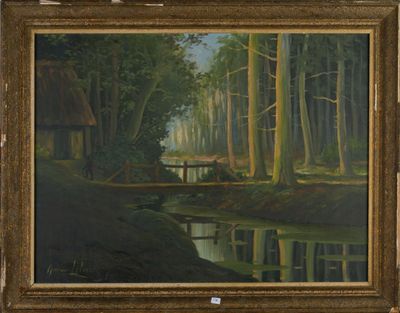 tableau représentant une scène forestière avec une rivière et une cabane en arrière-plan