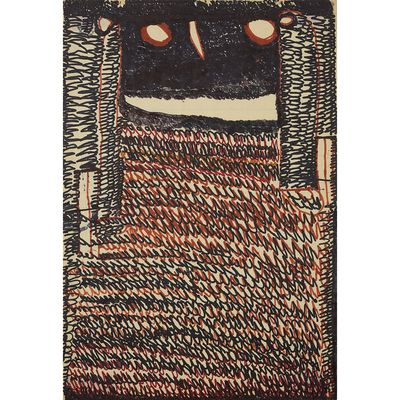 un dessin représentant un chat noir aux yeux rouges, assis sur un tapis